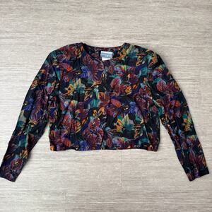 Vintage Samuel Blue Blouse Women’s 6 Made in USA 100% Rayon Long Sleeve Floral